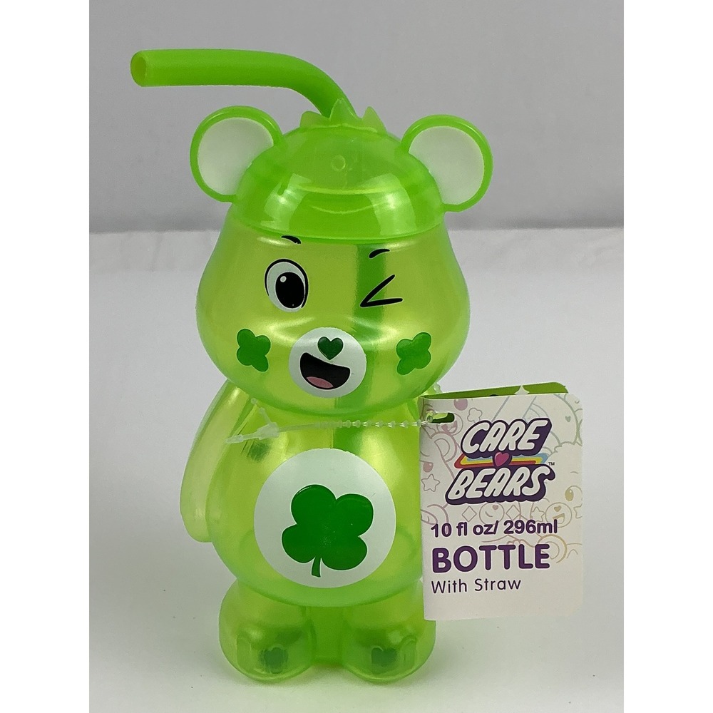 Lot of 4 Care Bears Good Luck Bear Green Bottle Cup With Straw 10 oz New Cloudco